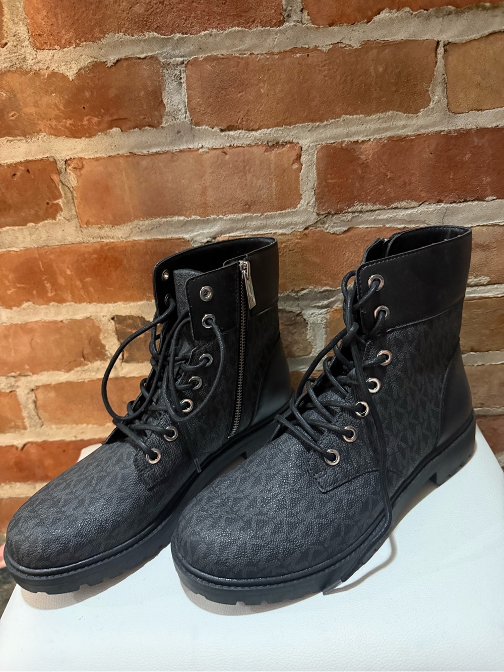 Michael Kors Black Lace-Up Ankle Combat Boots with Side Zip